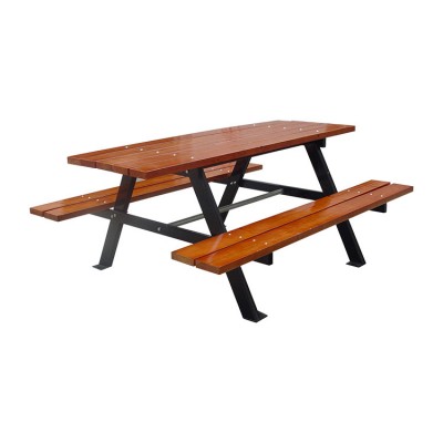 leisure wood dining tables and benches with umbrella